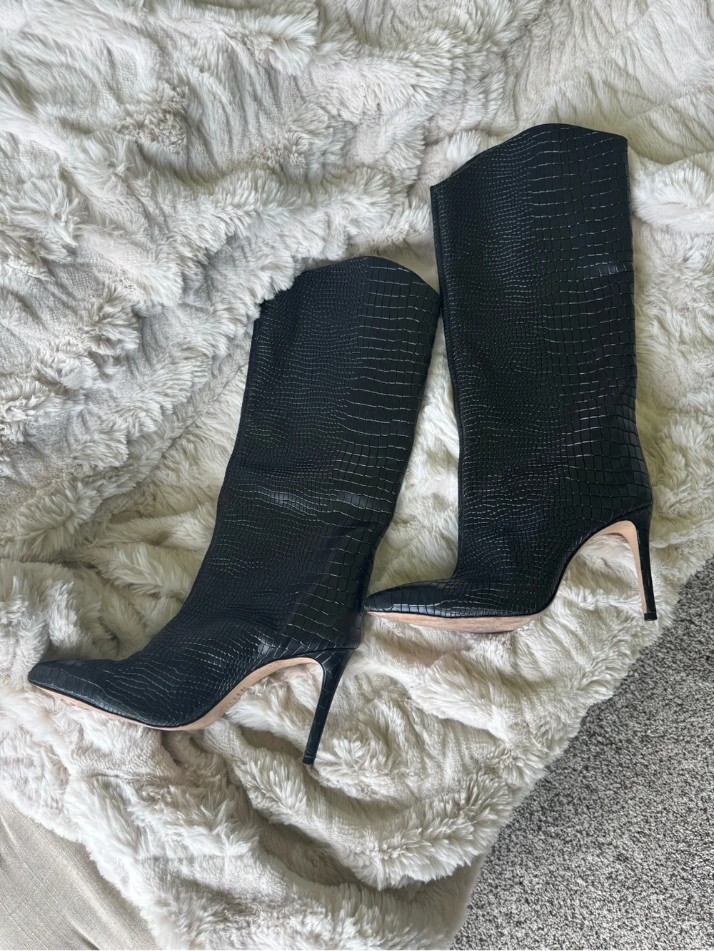 SCHUTZ Black Croc-Embossed Pointed-Toe Over-the-Knee Boots